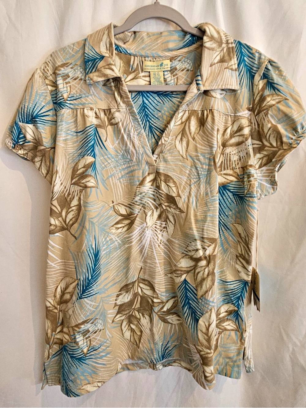 Caribbean Joe Floral Top Short Sleeve Collared Knit Pullover